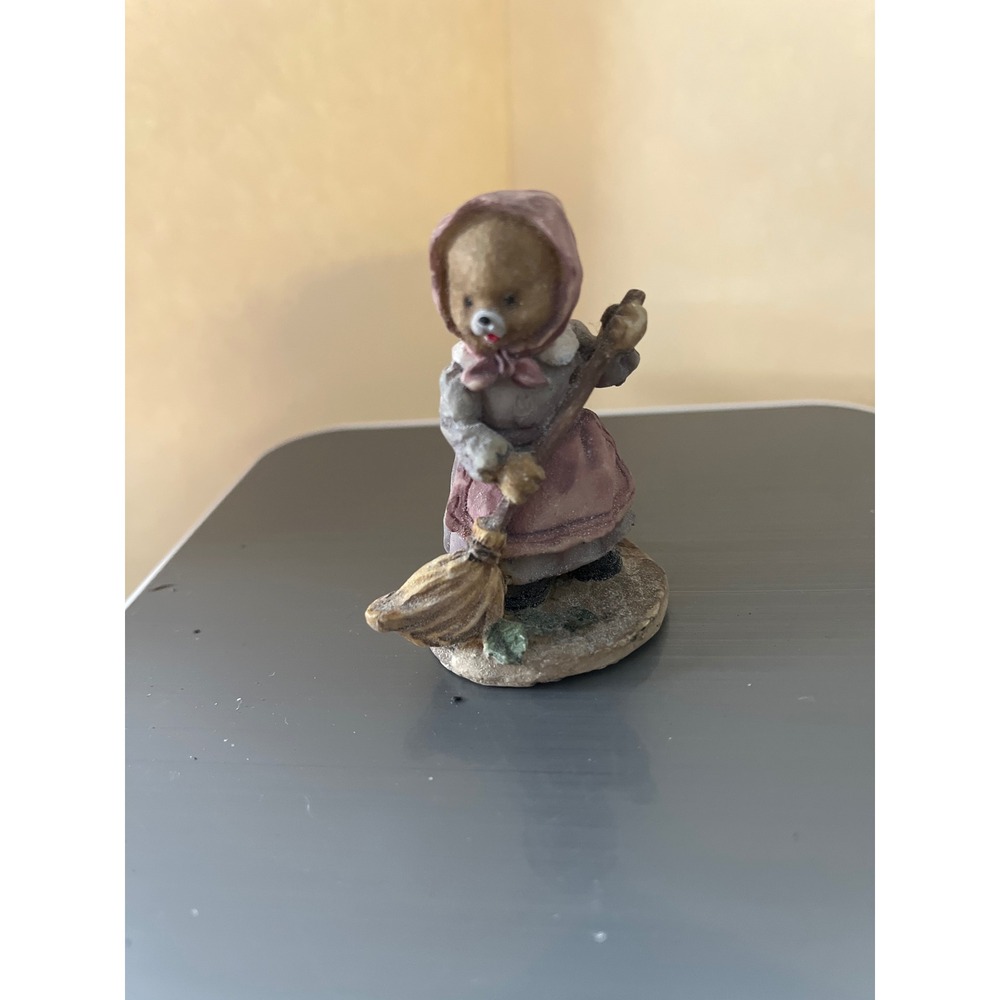 Vintage Miniature Resin Teddy Bear Figurine Sweeping Broom Bonnet Pink Dress